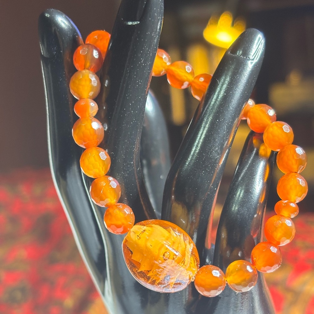 Handmade Carnelian Orange Beaded Stretch Bracelet with Orange Lamp work Focal - Picture 3 of 7
